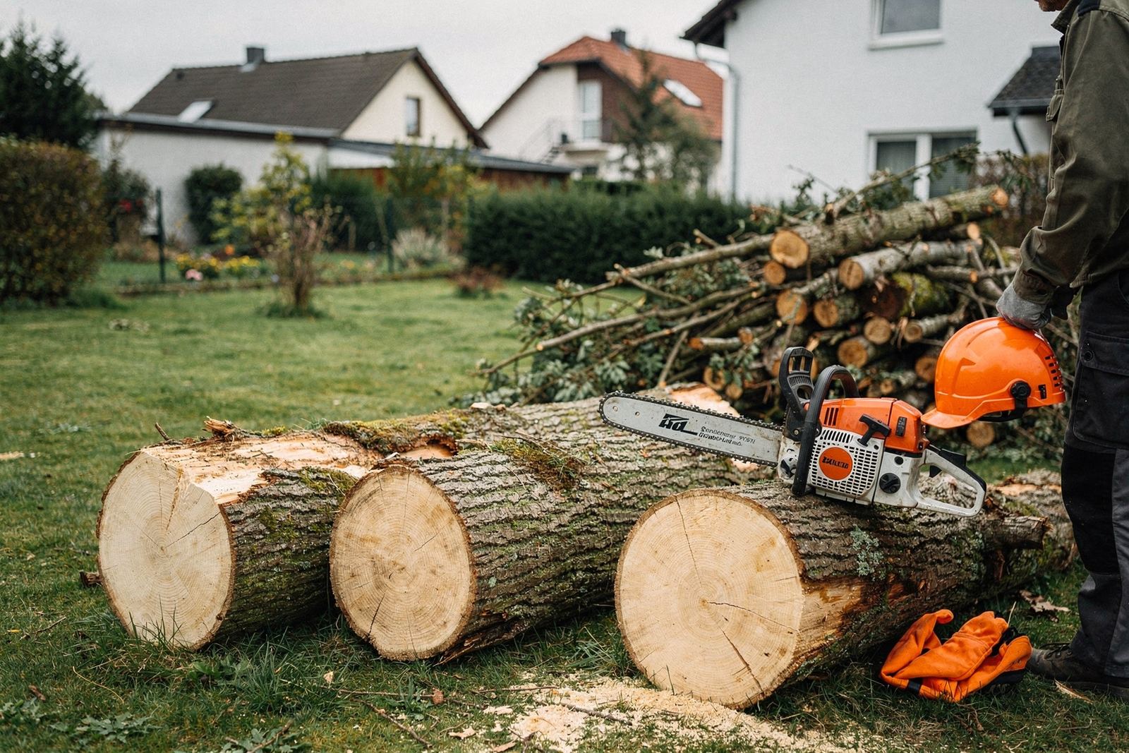 Symbolbild: Stammstücke eines Laubbaums im Garten, daneben ein Kipphänger