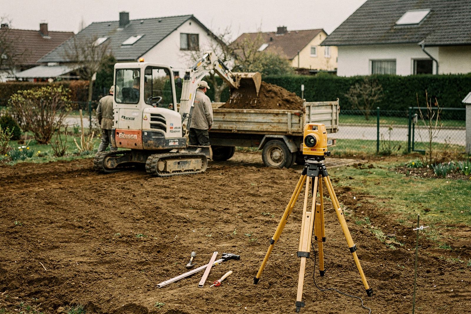 Symbolbild: Minibagger beim Aushub in einem Garten, daneben ein Kipphänger