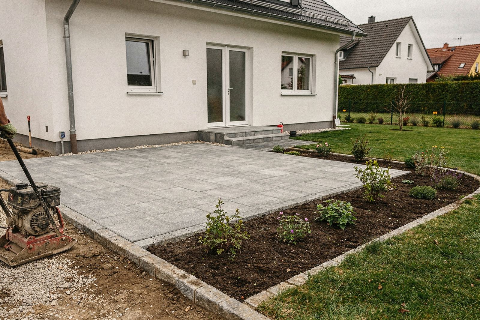 Symbolbild: Gartenanlage am Wohnhaus mit gepflasterter Terrasse, Rasen, Beeten und Doppelstabmattenzaun