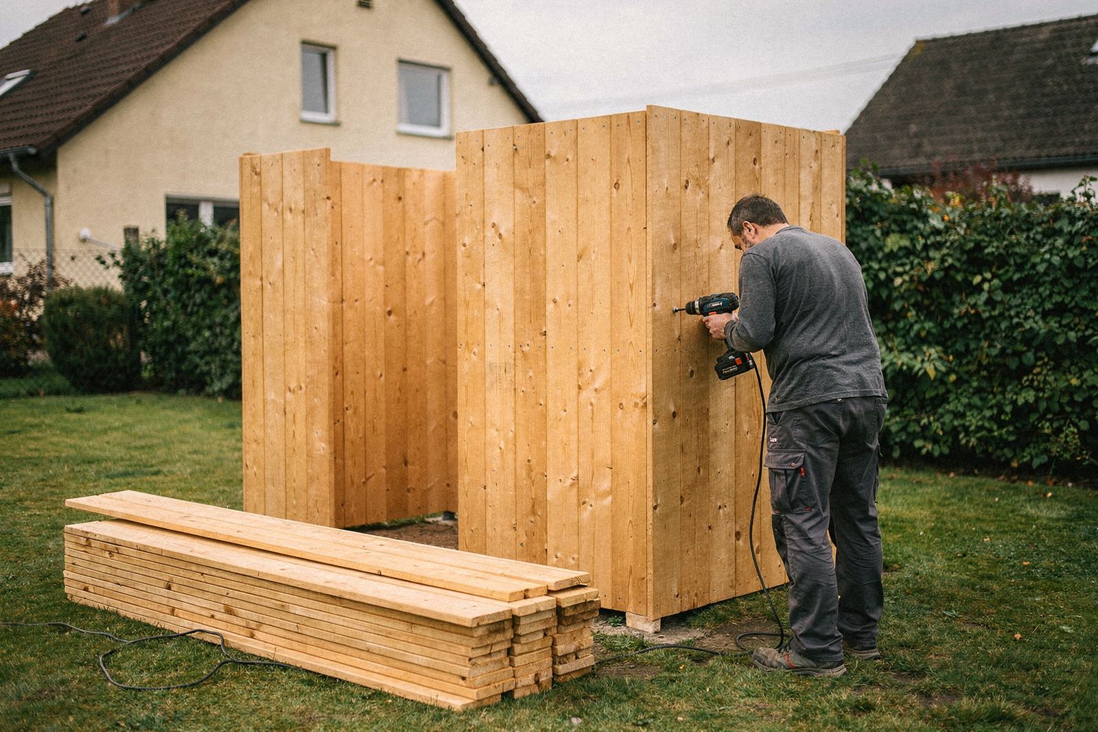 Symbolbild: Gartenhaus aus einem Bausatz im Aufbau